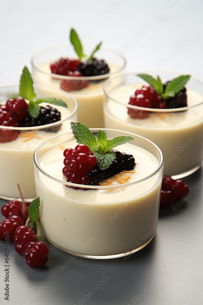 A group of panna cotta desserts with berries and mint leaves. Fictional image. A group of panna cotta desserts with berries and mint leaves. Fictional image.