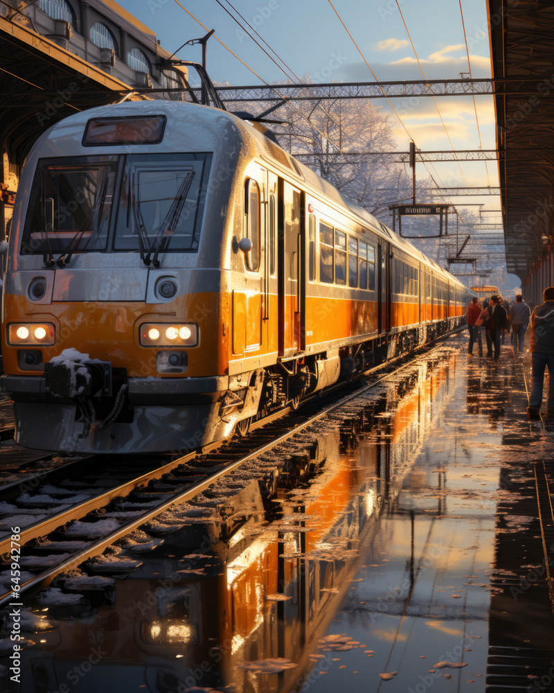 public transport concept. Electric train arriving at the stop