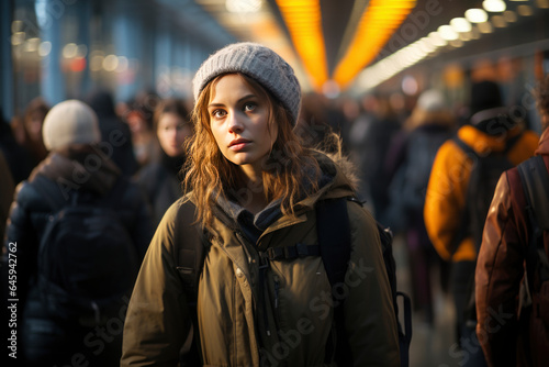 public transport concept , beautiful woman with backpack in subway hall or platform of the station or air terminal.