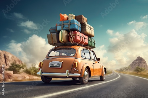 Travelling by car. Retro car with luggage on the roof. Car on the road with a lot of suitcases on roof. Family travel on vacation.