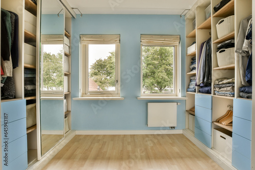a walk - in closet with blue walls and wooden flooring the room is well lit by two large windows