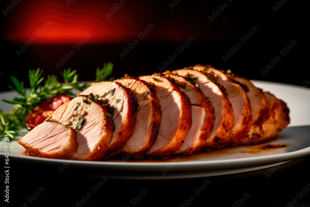 Oven roast turkey breast meat cut into slice for Thanksgiving Day Stock