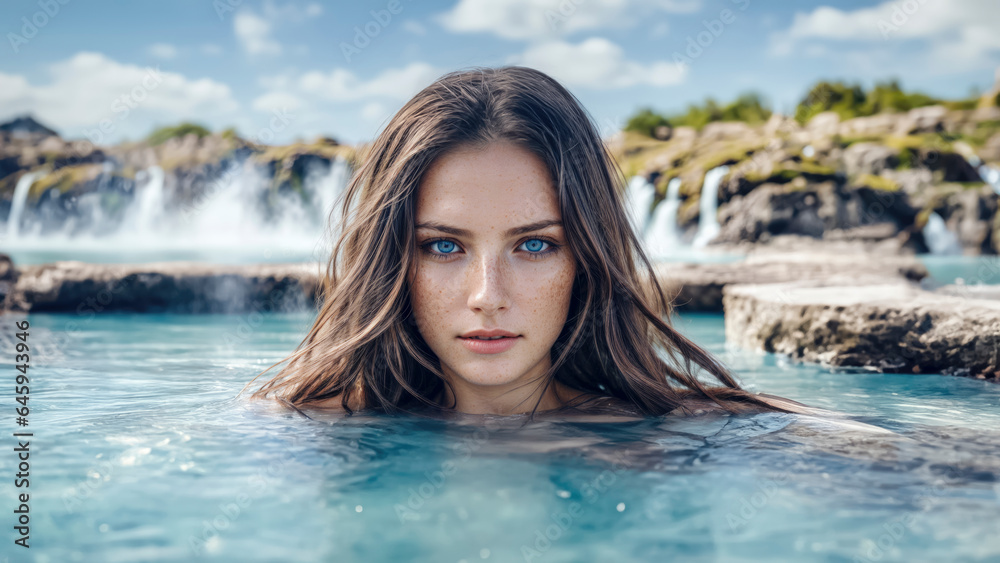 Brunette Iceland girl with beautiful blue eyes looking at an icelandic landscape in the summer