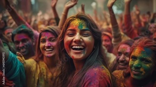 Illustration of indian people celebrating holi festival, happiness, colorful powder in background, Generative ai © Deep Ai Generation