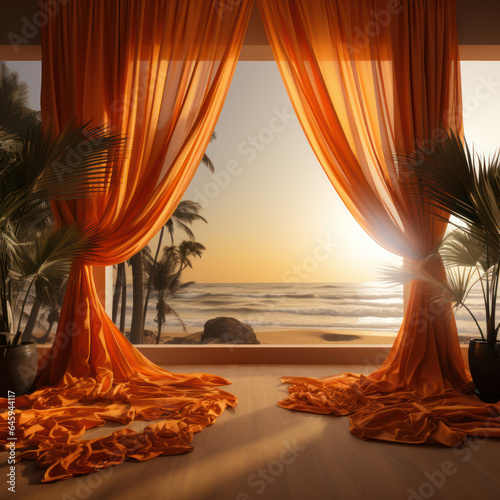  Orange chiffon curtains sway in the sunlight 