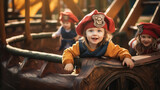 Children are engaged in imaginative play on the playground, pretending to be pirates on a wooden ship or firefighters on a play structure. Their creativity is in full swing
