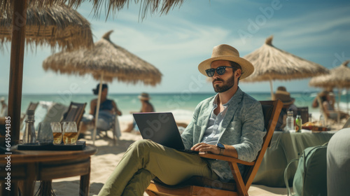 A man sitting in a chair on a beach using a laptop. Bleisure or workation, person working remotely.