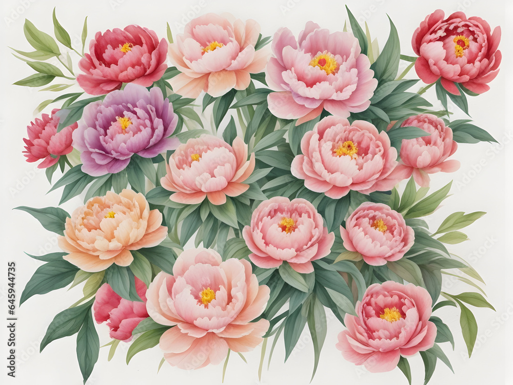 Pastel watercolor illustration of peonies blooming Pastel watercolor illustration of peonies blooming