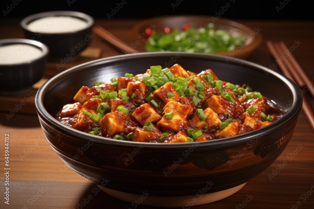 A bowl of food with chopsticks on a table. Fictional image. Sichuan Mapo tofu dish. A bowl of food with chopsticks on a table. Fictional image. Sichuan Mapo tofu dish.