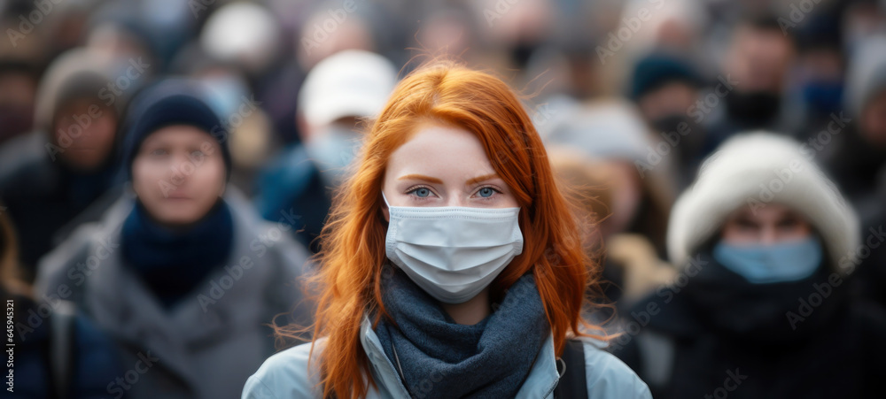 Women with a face mask, Protection versus viruses and infection, against air smog pollution with PM 2.5, in public spaces bus stations, airports, or crowds of people Women with a face mask, Protection versus viruses and infection, against air smog pollution with PM 2.5, in public spaces bus stations, airports, or crowds of people