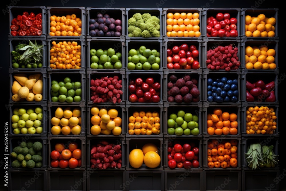 A bunch of crates filled with lots of different fruits and vegetables. Imaginary illustration.