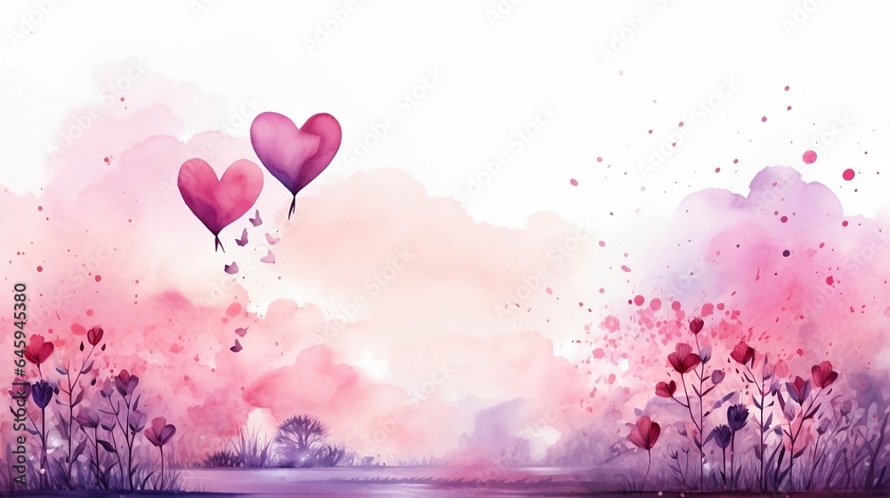 Watercolor postcard with purple ballons heart shaped for valentine day