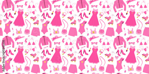 Seamless pattern with glamorous trendy pink clothing, cosmetics, accessories, shoes. Flat vector illustration on white background. Nostalgic Pinkcore 2000s style collection. Valentines day.
