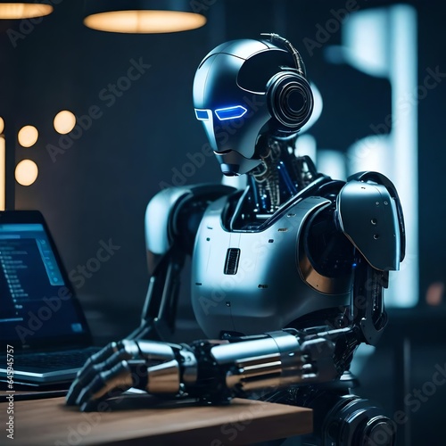 Robot humanoid use laptop and sit at table for big data analytic 