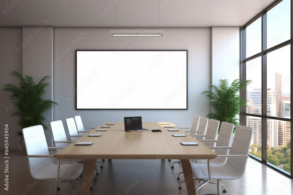 Mockup on the background of a wall in a company or corporate conference room. Marketing, finance, remote work and telework. Great concept for office design, advertising and promotion. - obrazy, fototapety, plakaty 