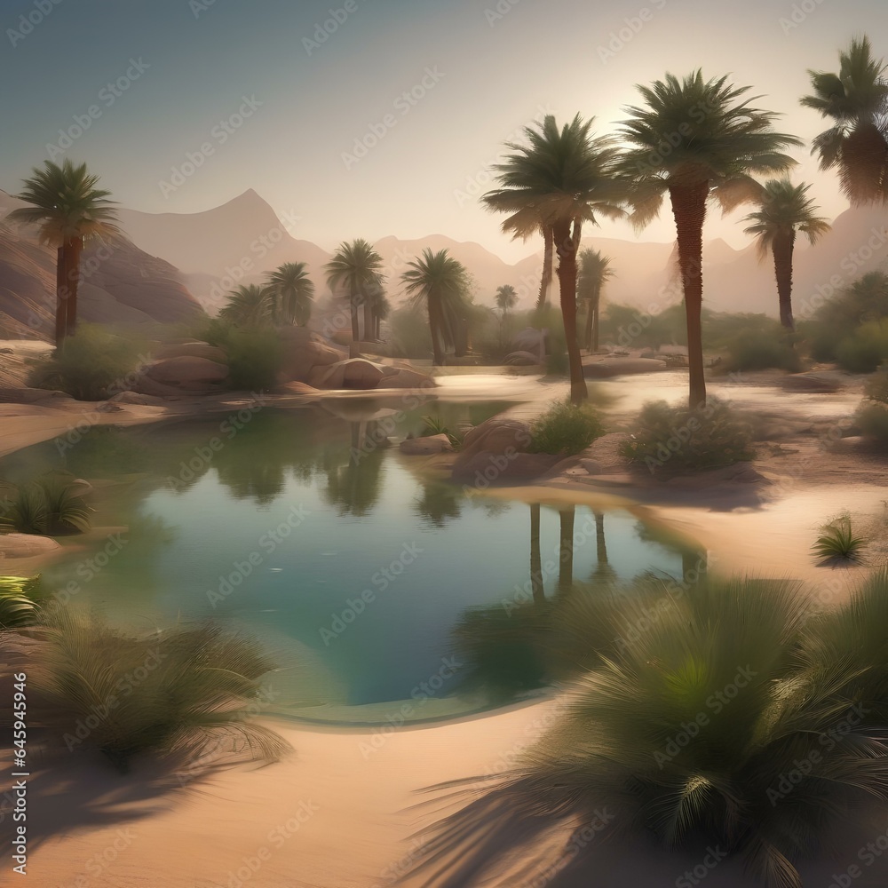 A serene desert oasis with palm trees and crystal-clear water2