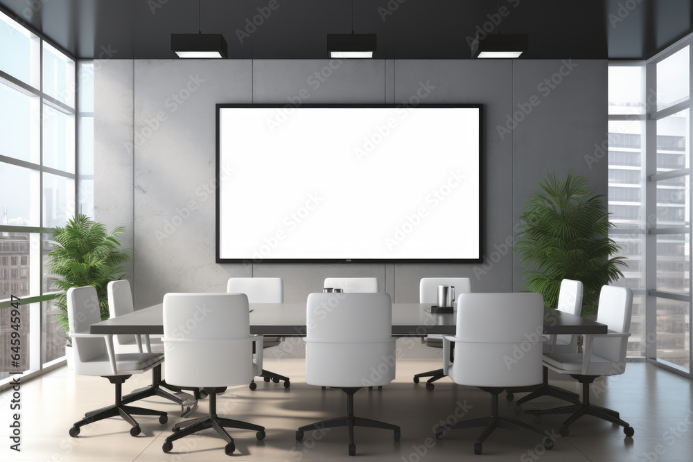 Mockup on the background of a wall in a company or corporate conference room. Marketing, finance, remote work and telework. Great concept for office design, advertising and promotion. - obrazy, fototapety, plakaty 
