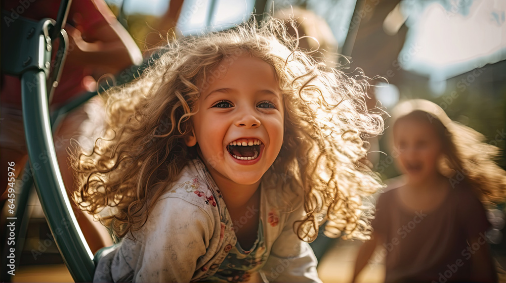 Children are on the swing set, laughing and feeling the thrill of