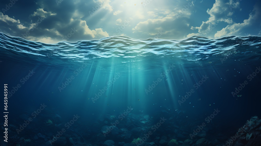 underwater scene with bubbles scene with sun rays Generate AI - obrazy, fototapety, plakaty 