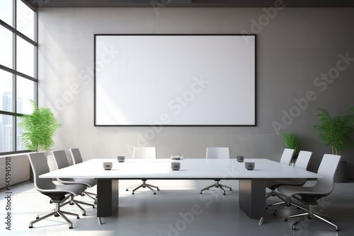 Mockup on the background of a wall in a company or corporate conference room. Marketing, finance, remote work and telework. Great concept for office design, advertising and promotion. photo