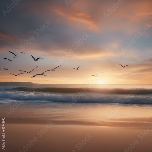 A serene beach at sunset with seagulls soaring in the warm hues of the sky1