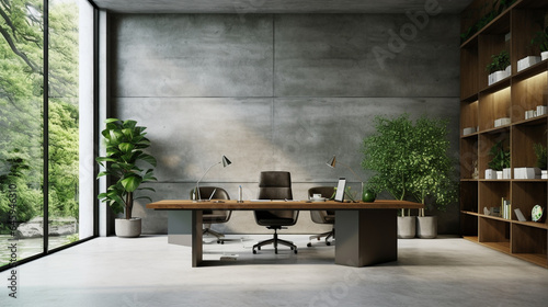 Modern office with concrete walls, wood and greenery