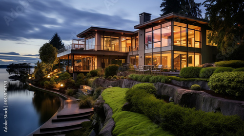 Beautiful evening exterior of a large modern home with glowing interior lighting and landscaping