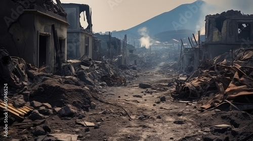  destroyed buildings after earthquake and fire, consequences of natural disaster