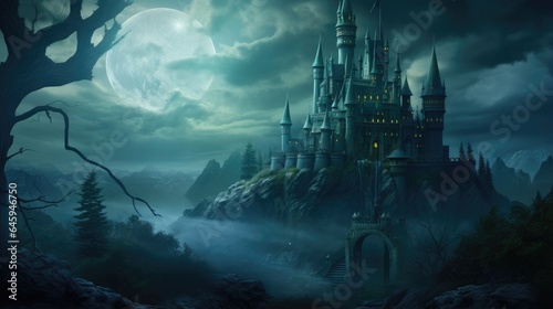 halloween castle under the moonlight. dark night forest full moon. graveyard silhouette halloween abstract background.