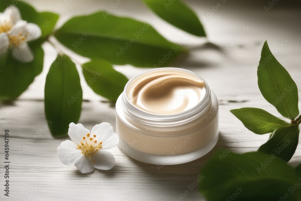 Jar of body cream with green leaves on wooden table, closeup Jar of body cream with green leaves on wooden table, closeup