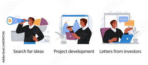 Business Concept illustrations. Scenes with men and women taking part in business activities. Vector illustration