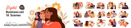 Business Concept illustrations. Mega set. Collection of scenes with men and women taking part in business activities. Vector illustration
