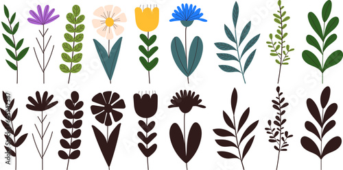 set of plants, flowers on white background vector