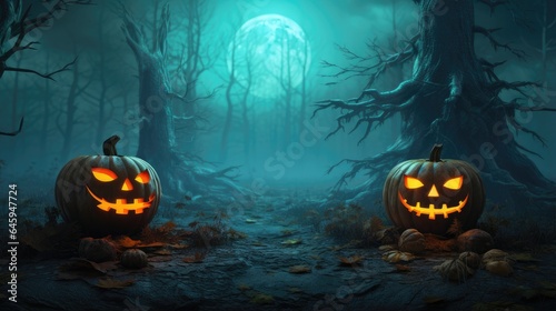 halloween pumpkins under the moonlight. dark night forest full moon. silhouette halloween abstract background.
