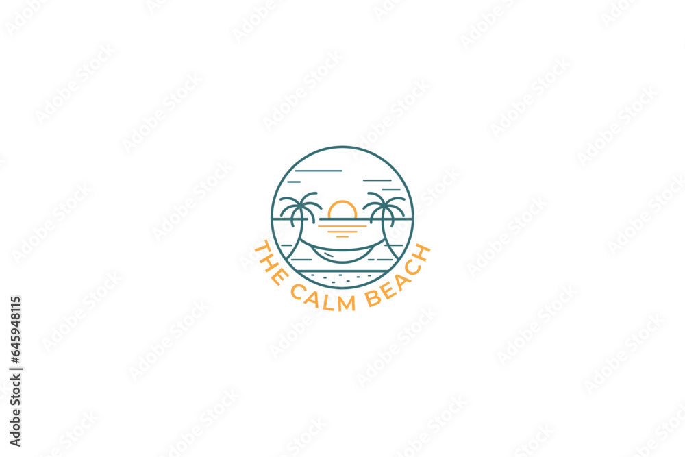 View Beach Evening Sunset with Abstract Palm Tree and Hammock Logo Holiday Travel and Vacation Business View Beach Evening Sunset with Abstract Palm Tree and Hammock Logo Holiday Travel and Vacation Business