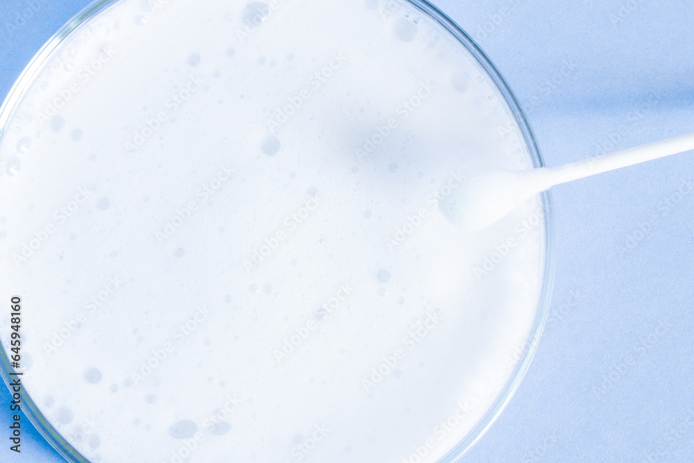 Obraz premium Washing agent foam in a Petri dish. On a blue background.