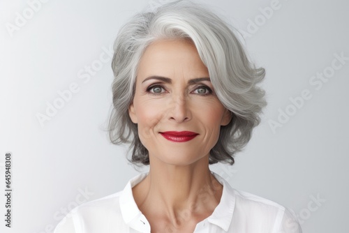 Gorgeous Senior European Lady With Red Lips and Underlined Eyes Posing on Gray Copy Space.