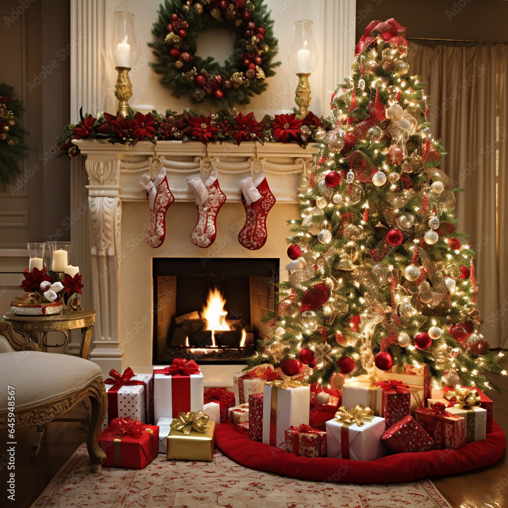 Christmas decor in a room at home, color scheme of red green and gold