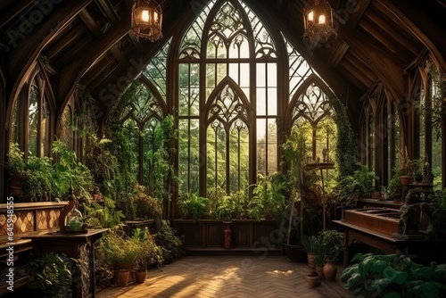 Fairy tale or magic medieval Greenhouse with cinematic lighting. Big windows. Like in Hogwarts