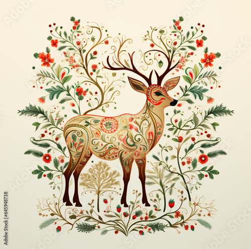 one colorful Christmas deer in ornament and flowers on a beige background