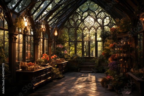 Fairy tale or magic medieval Greenhouse with cinematic lighting. Big windows. Like in Hogwarts