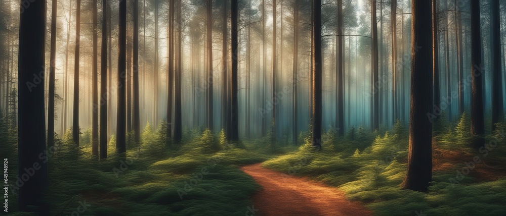 Obraz premium A forest with lots of tall trees, thick greenery and a path in the early morning, digital art
