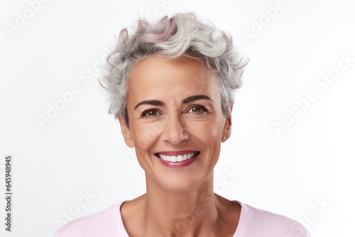 Close Up of Smiling Middle Aged European Woman With Stylish Haircut, Perfect Skin and White Teeth.