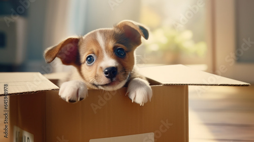 Homebound Puppy: Playful Joy in Cardboard Box. © Ai Studio