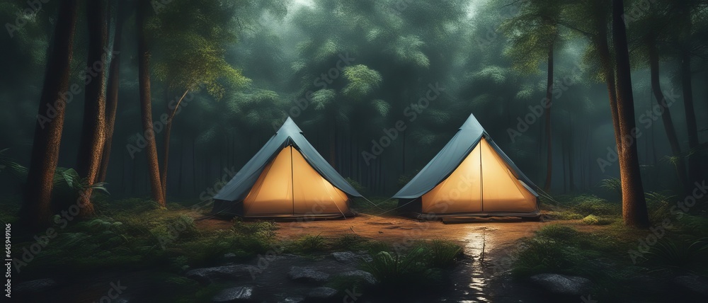 Tourist family vacation company in two tents in the middle of the wild forest in the rain at night, lights on inside