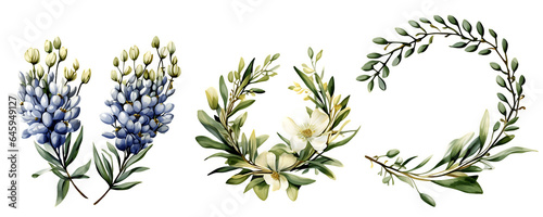 Watercolor Beautiful wedding wreath with Aquilegias vulgaris wildflowers and an element bundle