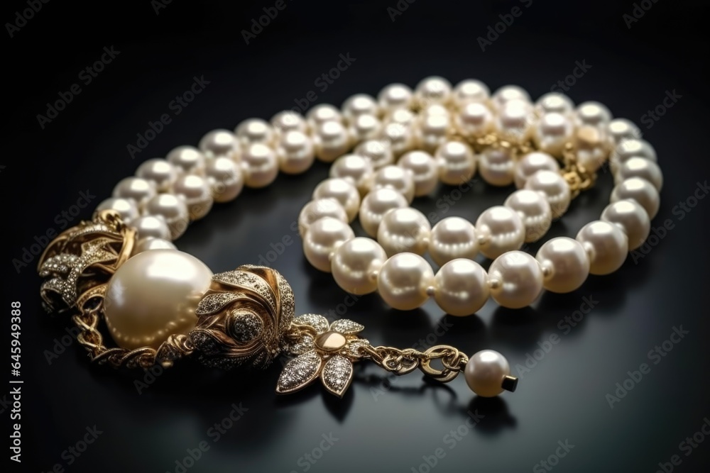 Precious white pearl necklace on dark background Precious white pearl necklace on dark background