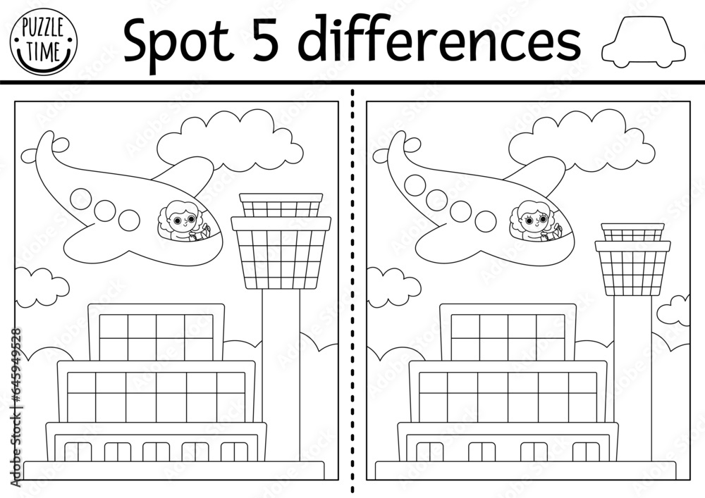 Find differences game for children. Transportation line black and white activity with plane, girl pilot flying in sky to airport. Cute puzzle, coloring page for kid with transport. Printable worksheet Find differences game for children. Transportation line black and white activity with plane, girl pilot flying in sky to airport. Cute puzzle, coloring page for kid with transport. Printable worksheet