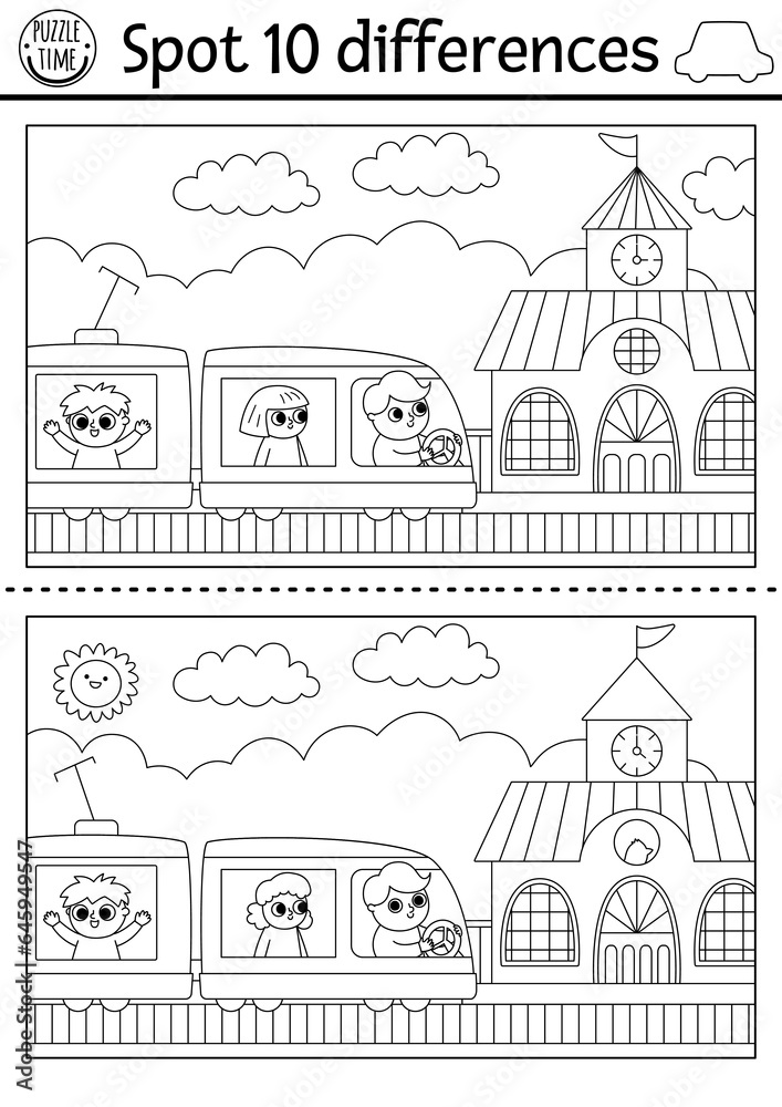 Find differences game for children. Transportation black and white activity with train, passengers, driver, railway station. Coloring page for kids with funny transport. Printable worksheet.