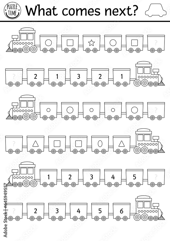 What comes next. Transportation matching black and white activity for kids with train, wagon. Shape, number, size transport logical worksheet or coloring page. Continue row game with engine.